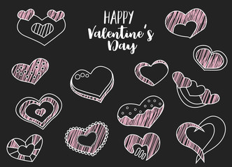 Happy Valentines Day hand draw set of chalky hearts. Lineart on a black background.