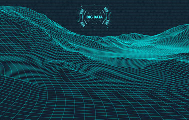 Computer generated binary code landscape on black background . Big Data . Binary Code . Wireframe landscape .