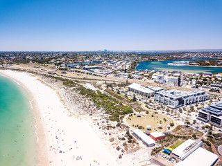 Aerial photograph over Leighton Beach, North Fremantle, Western Australia,  Australia. Perth City is visible on the horizon.