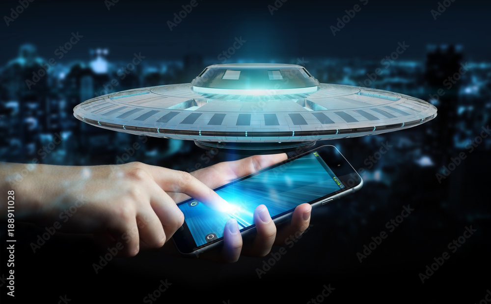 Aufkleber Businessman with retro UFO spaceship 3D rendering