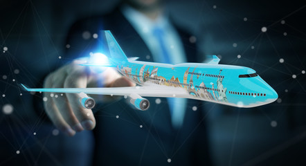 Businessman with plane and famous landmarks of the world 3D rendering