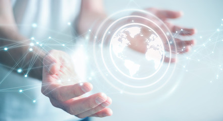 Businessman using planet earth network sphere 3D rendering