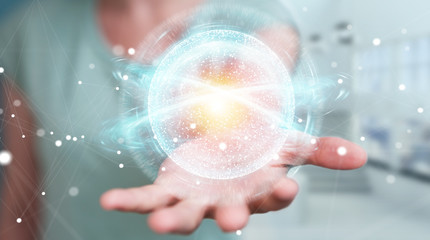 Businesswoman using digital network connection sphere 3D rendering