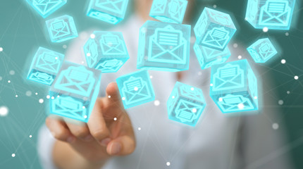 Businesswoman using floating cube emails 3D rendering