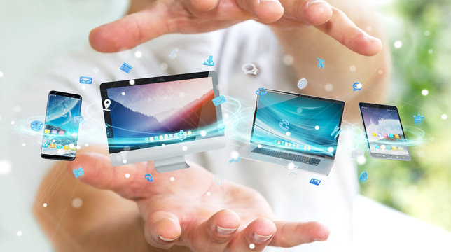 Businessman connecting tech devices and icons applications 3D rendering