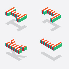 English isometric alphabet with bright red stripes and shadows. Part one, letters I J K L
