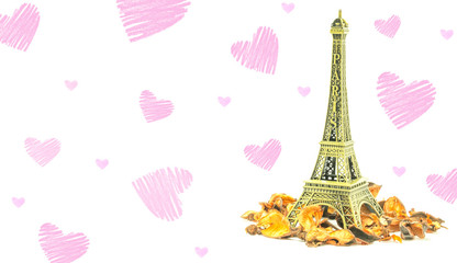 Fototapeta na wymiar Eiffel tower and flower with pink heart shape background , valentine wallpaper