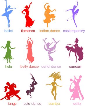 Various style dancing. Silhouettes of dancing people.