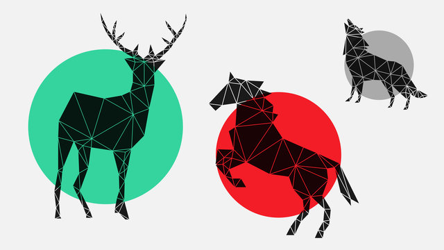 flat, fashionable, stylish, geometric icons with deer, horse, wolf for interior, design, advertising, wallpaper, covers, walls