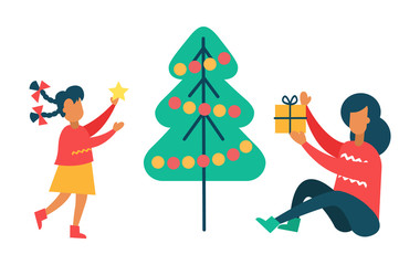 Girl Decorates New Year Tree, Mother Presents Gift