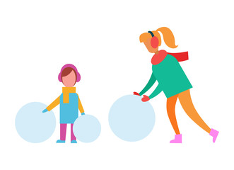 Mom and Child Making Snowman from Huge Snow Balls