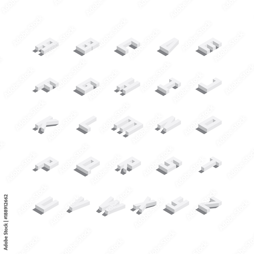 Poster isometric english letters from a to z laying down with drop shadows. based on blocks collection isol