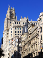 Luxury buildings on the famous avenue of Gran Via in Madrid, Spain
