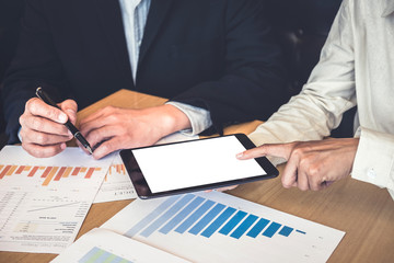 Business team meeting working with new startup project, discussion and analysis data graph report, business market growth on workplace, professional occupation, Partner meetings and collaboration