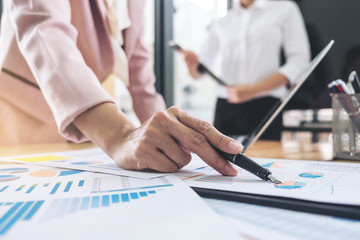 Business team meeting present. secretary presentation new idea and making report to professional investor with new finance project plan during discussion at meeting