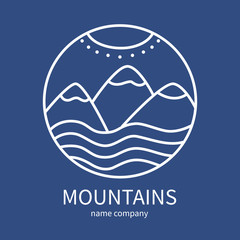 Linear icon of landscape with mountains and sun in circle on dark blue background. Vector logo business emblems. logo mountains for a travel, ecology concepts, health and hike.