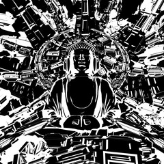 Technical Buddha concept / 3D illustration of cartoon style meditating Buddha wearing headphones inside futuristic reactor