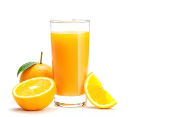 Schilderijen op glas Glass of fresh orange juice isolate on white background, Fresh fruits Orange juice in glass with group of orange on white © DN6