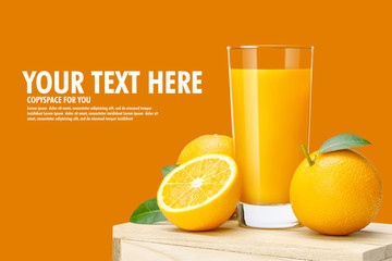 Glass of fresh orange juice on wooden box, Fresh fruits Orange juice in glass with group on orange color background with copy Space for your text. - Powered by Adobe