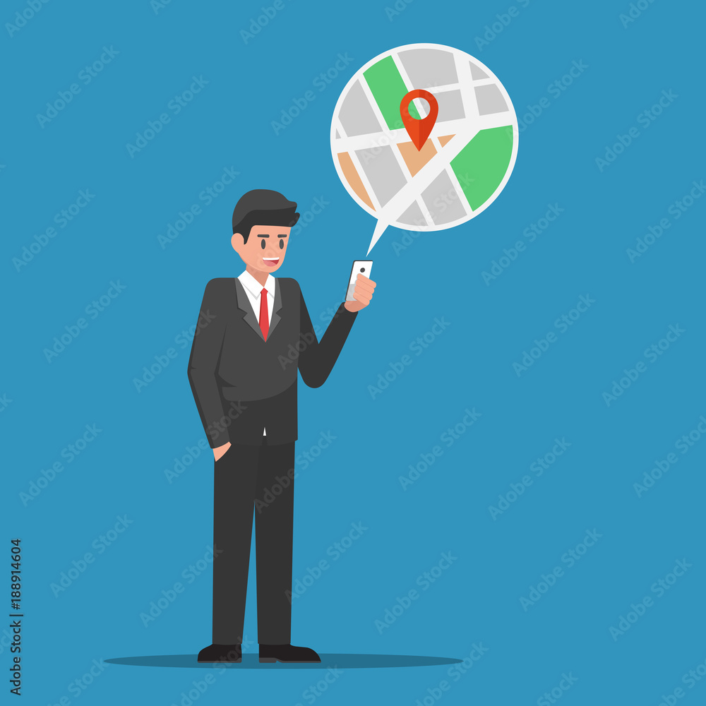 Poster businessman find location in map application on smartphone.