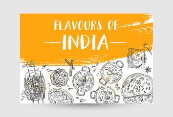 Indian food flyer design. Linear graphic. Vector illustration. Engraved style.