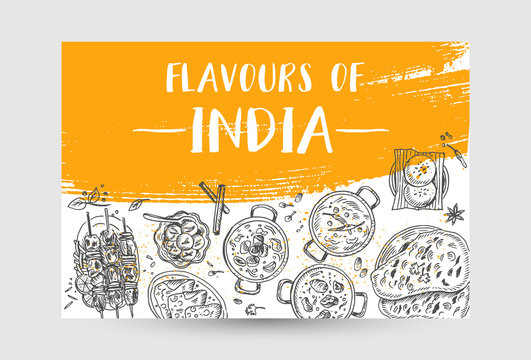 Indian Food Flyer Design. Linear Graphic. Vector Illustration. Engraved Style.