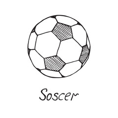 Soccer ball, hand drawn doodle sketch with inscription, isolated vector outline illustration
