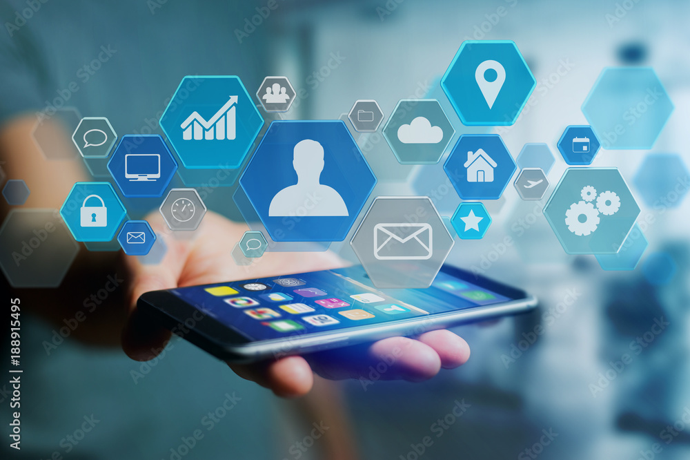 Poster business network application displayed on a futuristic interface