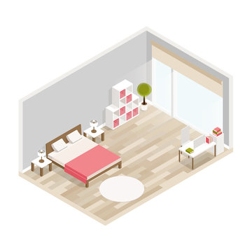 Bedroom isometric design with bed,workplace,bookcase,carpet.City hotel flat color illustration.Isometric living room.Isometric luxury interior for bedroom with double bed bedside tables and decoration © Mary Long