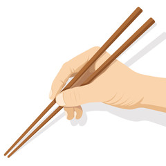 Hand holding chopsticks isolated on white background. Vector illustration.