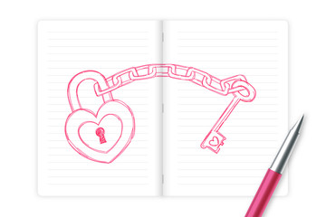 Heart lock and key chain love couple symbol hand drawing by pen sketch pink color with notebook, valentine concept design illustration isolated on white background, with copy space