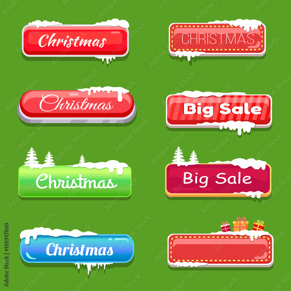 Poster set of winter theme web push button covered snow