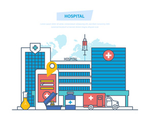 Hospital building, healthcare system, medical facility, safety, first aid, ambulance.