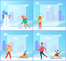 Snowman and Woman Wintertime Vector Illustration