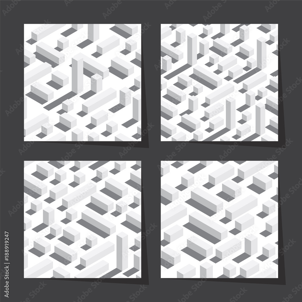 Poster vector seamless patterns set with isometric blocks and shadows. white background, white elements.