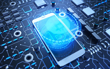 Bitcoin on the phone. new crypto currency concept,tech 3d illustration.