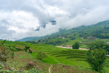 Vietnamese rural landscape with green rice terraces in mountain valley