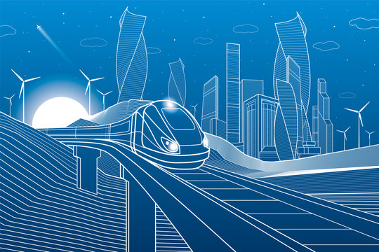 Train traveling on railroad bridge in mountains. Tower and skyscrapers, modern city, business buildings. Night scene. White lines on blue background. Windmills power. Vector design art
