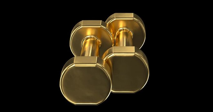 A pair of gold dumbbells rotate around their axis. Loop and Alpha matte channel.