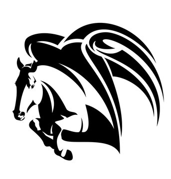 jumping pegasus - winged horse black and white vector design