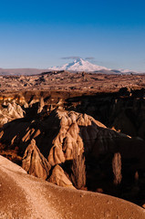 Amazing Volcanic Landscape of Goreme Cappadocia, Turkey in a beautiful clear sky day, Mt. Erciyes in Background