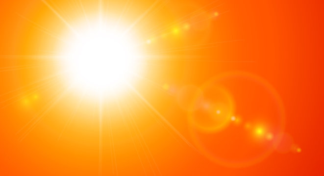 Orange sunny background, sun with lens flare