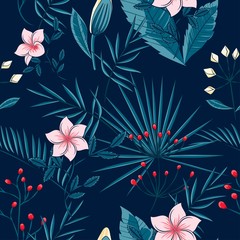 Obraz premium pattern of leaves of a palm tree and flowers on a dark background