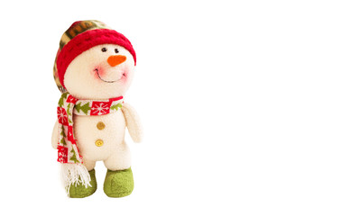 Winter background with cute snowman. Copy space on right