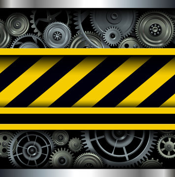 Background with warning stripes and gears, under construction site concept.