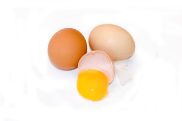 eggs on a white background broken with a yellow yolk and feather