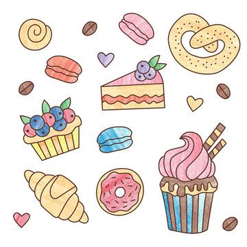 Bakery sweet dessert doodle vector set