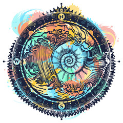 Naklejka premium Big wave and sea shell color tattoo and t-shirt design. Symbol of adventures boho style. Great outdoors. Tsunami waves tattoo. Sea ammonite and storm