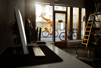 Obraz premium Żyrafa przejeżdża na rowerze obok sklepu