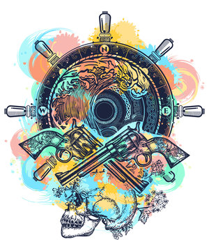 Sea pirate color tattoo and t-shirt design. Crossed guns, skull, sea waves tattoo art. Symbol sea adventures